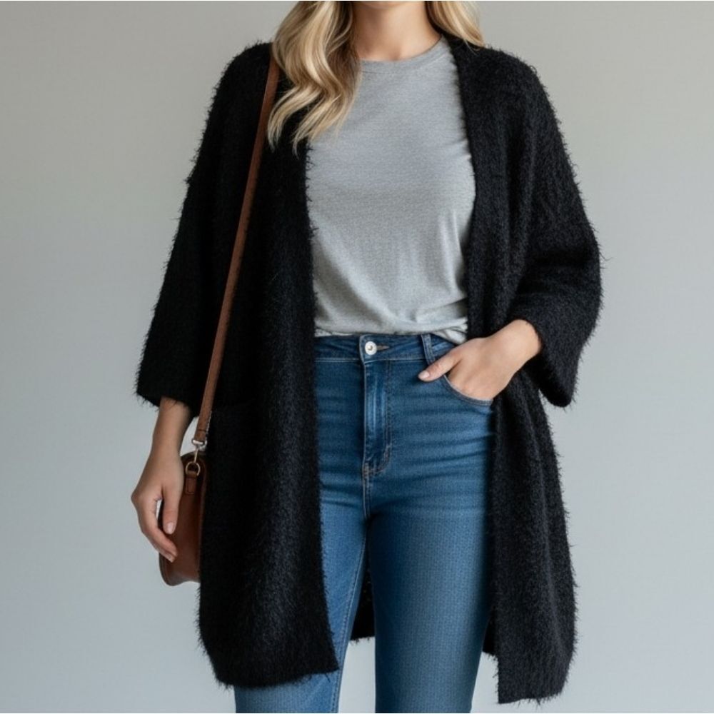 Women's Black Fuzzy Open Front Cardigan Sweater